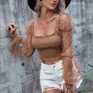 Mesh Frilled Trim Shirred Top